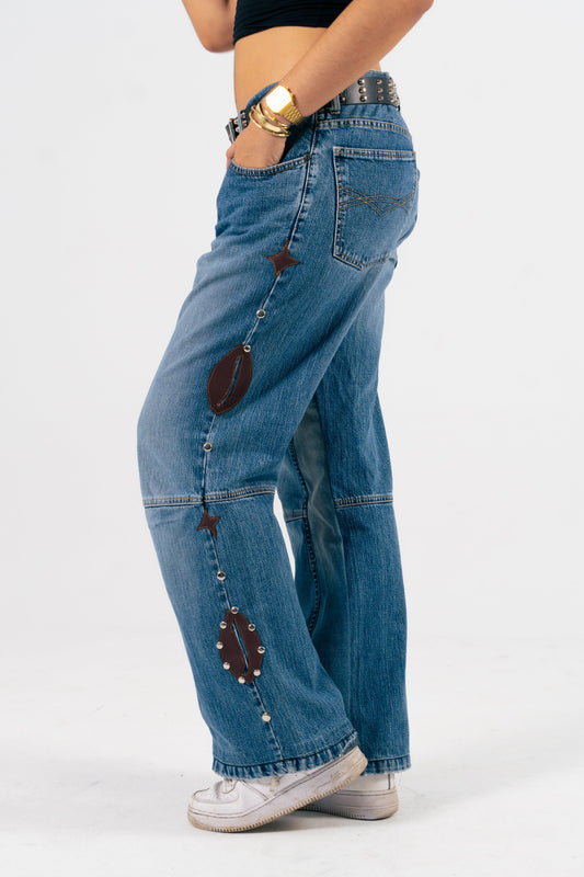 Blue Vintage Brown Cowrie Baggy Denim - Yimms