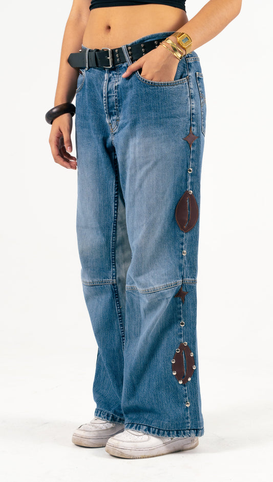 Blue Vintage Brown Cowrie Baggy Denim - Yimms